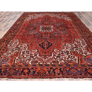 10'x13'2" Fire Brick Red, Pure Wool, Hand Knotted, Semi Antique Persian Heriz With Village Motif, Good Condition, Distressed Look, Oriental Rug FWR513468