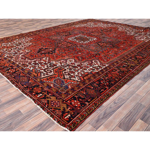 10'x13'2" Fire Brick Red, Pure Wool, Hand Knotted, Semi Antique Persian Heriz With Village Motif, Good Condition, Distressed Look, Oriental Rug FWR513468