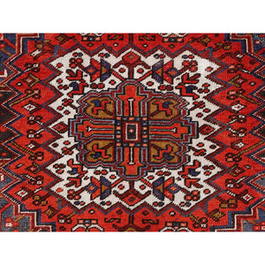 10'x13'2" Fire Brick Red, Pure Wool, Hand Knotted, Semi Antique Persian Heriz With Village Motif, Good Condition, Distressed Look, Oriental Rug FWR513468