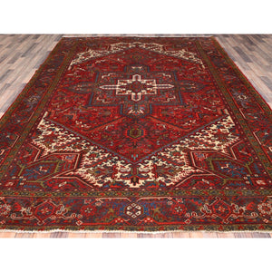 8'4"x10'10" Crimson Red, Good Condition, Distressed Feel, Evenly Worn, Pure Wool, Hand Knotted, Vintage Persian Heriz With Geometric Pattern, Oriental Rug FWR513528