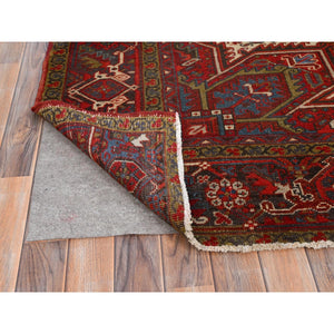 8'4"x10'10" Crimson Red, Good Condition, Distressed Feel, Evenly Worn, Pure Wool, Hand Knotted, Vintage Persian Heriz with Geometric Pattern, Oriental Rug FWR513528