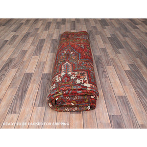 8'4"x10'10" Crimson Red, Good Condition, Distressed Feel, Evenly Worn, Pure Wool, Hand Knotted, Vintage Persian Heriz with Geometric Pattern, Oriental Rug FWR513528