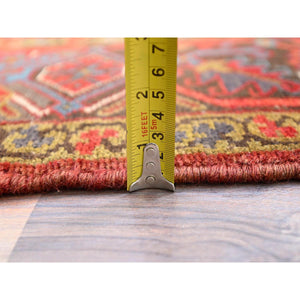 8'4"x10'10" Crimson Red, Good Condition, Distressed Feel, Evenly Worn, Pure Wool, Hand Knotted, Vintage Persian Heriz with Geometric Pattern, Oriental Rug FWR513528