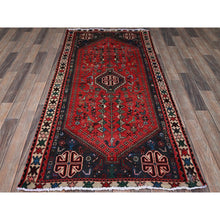 Load image into Gallery viewer, 3&#39;1&quot;x6&#39;5&quot; Ajax Red, Vintage Persian Shiraz with Small Bird Figurines, Geometric Medallion Design, Shaved Down, Zero Pile, Sides and Ends Professionally Secured, Clean, Hand Knotted, 100% Wool, Wide Runner, Oriental Rug FWR5130