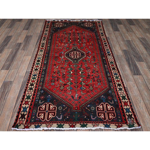3'1"x6'5" Ajax Red, Vintage Persian Shiraz with Small Bird Figurines, Geometric Medallion Design, Shaved Down, Zero Pile, Sides and Ends Professionally Secured, Clean, Hand Knotted, 100% Wool, Wide Runner, Oriental Rug FWR5130