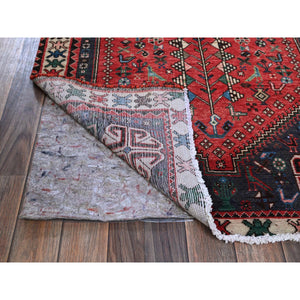 3'1"x6'5" Ajax Red, Vintage Persian Shiraz with Small Bird Figurines, Geometric Medallion Design, Shaved Down, Zero Pile, Sides and Ends Professionally Secured, Clean, Hand Knotted, 100% Wool, Wide Runner, Oriental Rug FWR5130