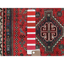 Load image into Gallery viewer, 3&#39;1&quot;x6&#39;5&quot; Ajax Red, Vintage Persian Shiraz with Small Bird Figurines, Geometric Medallion Design, Shaved Down, Zero Pile, Sides and Ends Professionally Secured, Clean, Hand Knotted, 100% Wool, Wide Runner, Oriental Rug FWR5130
