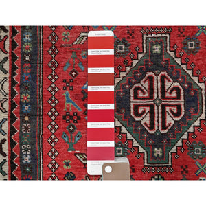 3'1"x6'5" Ajax Red, Vintage Persian Shiraz with Small Bird Figurines, Geometric Medallion Design, Shaved Down, Zero Pile, Sides and Ends Professionally Secured, Clean, Hand Knotted, 100% Wool, Wide Runner, Oriental Rug FWR5130
