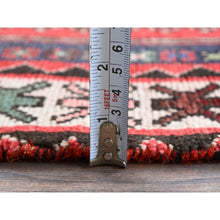 Load image into Gallery viewer, 3&#39;1&quot;x6&#39;5&quot; Vermilion Red, Vintage Persian Baluch with Geometric Pattern, Sheared Low, Zero Pile, Evenly Worn, Sides and Ends Professionally Secured, Clean, Hand Knotted, 100% Wool, Wide Runner, Oriental Rug FWR5178