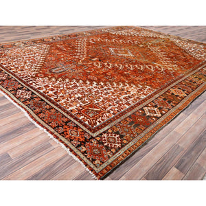 10'2"x13' Alloy Orange, Semi Antique Persian Heriz with Ivory Corners, Good Condition, Rustic Feel, Worn Wool, Hand Knotted, Oriental Rug FWR513936