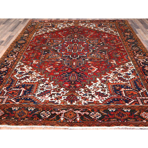 7'5"x8'10" Chili Red, Good Condition, Rustic Feel, Worn Wool, Hand Knotted, Vintage Persian Heriz, Village Motif, Oriental Rug FWR514086
