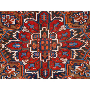 7'5"x8'10" Chili Red, Good Condition, Rustic Feel, Worn Wool, Hand Knotted, Vintage Persian Heriz, Village Motif, Oriental Rug FWR514086