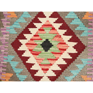 2'x3' Colorful, Hand Woven, Pure Wool, Afghan Kilim With Geometric Pattern, Vegetable Dyes, Reversible, Flat Weave, Oriental Rug FWR514428