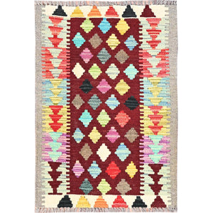 2'x2'10" Cherry Red, Natural Dyes, Pure Wool, Hand Woven, Flat Weave, Afghan Kilim with Geometric Pattern, Reversible, Oriental Rug FWR514458