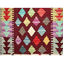 Load image into Gallery viewer, 2&#39;x2&#39;10&quot; Cherry Red, Natural Dyes, Pure Wool, Hand Woven, Flat Weave, Afghan Kilim with Geometric Pattern, Reversible, Oriental Rug FWR514458