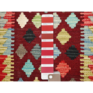 2'x2'10" Cherry Red, Natural Dyes, Pure Wool, Hand Woven, Flat Weave, Afghan Kilim with Geometric Pattern, Reversible, Oriental Rug FWR514458