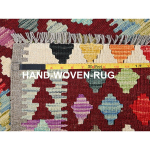 2'x2'10" Cherry Red, Natural Dyes, Pure Wool, Hand Woven, Flat Weave, Afghan Kilim with Geometric Pattern, Reversible, Oriental Rug FWR514458