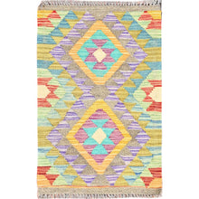Load image into Gallery viewer, 1&#39;10&quot;x3&#39; Colorful, Natural Dyes, Flat Weave, Reversible, Extra Soft Wool, Afghan Kilim with Geometric Pattern, Hand Woven, Oriental Rug FWR514470