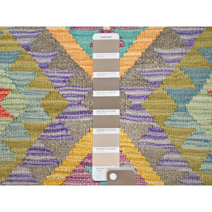 1'10"x3' Colorful, Natural Dyes, Flat Weave, Reversible, Extra Soft Wool, Afghan Kilim with Geometric Pattern, Hand Woven, Oriental Rug FWR514470