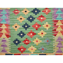 Load image into Gallery viewer, 2&#39;x3&#39; Fern Green, Natural Dyes, Soft Wool, Reversible, Flat Weave, Afghan Kilim With Geometric Pattern, Hand Woven, Oriental Rug FWR514494