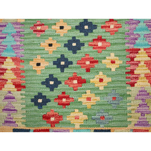 2'x3' Fern Green, Natural Dyes, Soft Wool, Reversible, Flat Weave, Afghan Kilim With Geometric Pattern, Hand Woven, Oriental Rug FWR514494