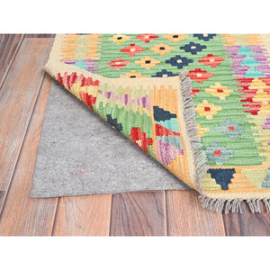 2'x3' Fern Green, Natural Dyes, Soft Wool, Reversible, Flat Weave, Afghan Kilim With Geometric Pattern, Hand Woven, Oriental Rug FWR514494