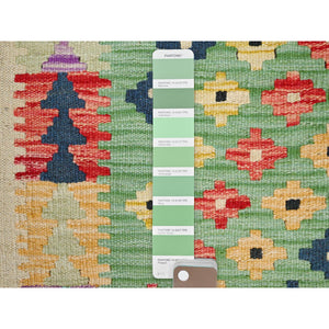 2'x3' Fern Green, Natural Dyes, Soft Wool, Reversible, Flat Weave, Afghan Kilim With Geometric Pattern, Hand Woven, Oriental Rug FWR514494