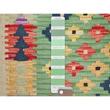 Load image into Gallery viewer, 2&#39;x3&#39; Fern Green, Natural Dyes, Soft Wool, Reversible, Flat Weave, Afghan Kilim With Geometric Pattern, Hand Woven, Oriental Rug FWR514494