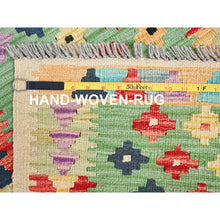 Load image into Gallery viewer, 2&#39;x3&#39; Fern Green, Natural Dyes, Soft Wool, Reversible, Flat Weave, Afghan Kilim With Geometric Pattern, Hand Woven, Oriental Rug FWR514494