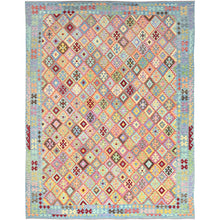 Load image into Gallery viewer, 10&#39;7&quot;x14&#39; Colorful, Reversible, Flat Weave, Extra Soft Wool, Natural Dyes, Afghan Kilim with Geometric Pattern, Hand Woven, Oriental Rug FWR514530