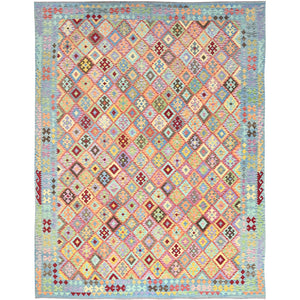 10'7"x14' Colorful, Reversible, Flat Weave, Extra Soft Wool, Natural Dyes, Afghan Kilim with Geometric Pattern, Hand Woven, Oriental Rug FWR514530