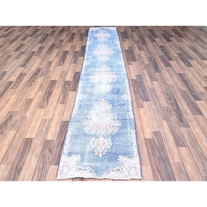 2'1"x12' Steel Blue, Hand Knotted, Vintage Persian Kerman, Erased Design, Worn Down, Pure Wool, Cleaned with Sides and Edges Professionally Secured, Runner Oriental Rug FWR514668