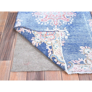 2'1"x12' Steel Blue, Hand Knotted, Vintage Persian Kerman, Erased Design, Worn Down, Pure Wool, Cleaned with Sides and Edges Professionally Secured, Runner Oriental Rug FWR514668