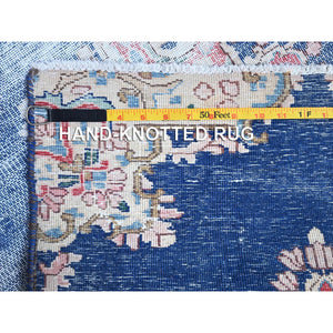 2'1"x12' Steel Blue, Hand Knotted, Vintage Persian Kerman, Erased Design, Worn Down, Pure Wool, Cleaned with Sides and Edges Professionally Secured, Runner Oriental Rug FWR514668