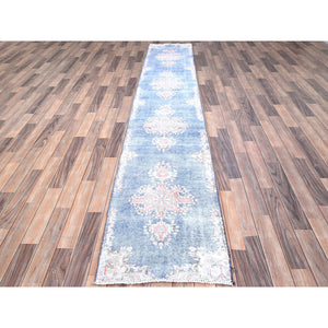 2'1"x11'9" Steel Blue, Pure Wool, Hand Knotted, Vintage Persian Kerman, Erased Design, Worn Down, Cleaned With Sides And Edges Professionally Secured, Runner Oriental Rug FWR514674