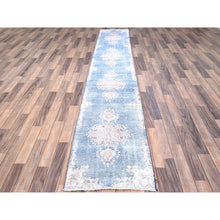Load image into Gallery viewer, 2&#39;1&quot;x11&#39;9&quot; Steel Blue, Pure Wool, Hand Knotted, Vintage Persian Kerman, Erased Design, Worn Down, Cleaned With Sides And Edges Professionally Secured, Runner Oriental Rug FWR514674