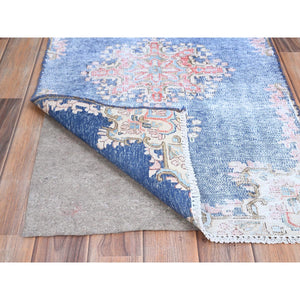 2'1"x11'9" Steel Blue, Pure Wool, Hand Knotted, Vintage Persian Kerman, Erased Design, Worn Down, Cleaned With Sides And Edges Professionally Secured, Runner Oriental Rug FWR514674