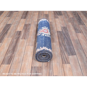 2'1"x11'9" Steel Blue, Pure Wool, Hand Knotted, Vintage Persian Kerman, Erased Design, Worn Down, Cleaned With Sides And Edges Professionally Secured, Runner Oriental Rug FWR514674