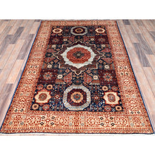 Load image into Gallery viewer, 3&#39;10&quot;x6&#39;3&quot; Berry Blue, Natural Dyes, Hand Knotted, 14th Century Mamluk Dynasty Pattern, 200 Kpsi, Pure Wool, Oriental Rug FWR515112