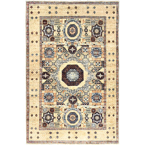 3'10"x6' Eggshell White, 200 KPSI, Extra Soft Wool, Hand Knotted, 14th Century Mamluk Dynasty Pattern, Vegetable Dyes, Oriental Rug FWR515154
