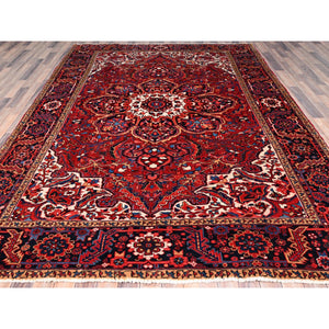 7'10"x10'8" Alabama Crimson Red and Daisy White Corners, Evenly Worn, Natural Wool, Hand Knotted Persian Semi Antique Good Condition Heriz, Oriental Rug FWR515454