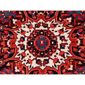 7'10"x10'8" Alabama Crimson Red and Daisy White Corners, Evenly Worn, Natural Wool, Hand Knotted Persian Semi Antique Good Condition Heriz, Oriental Rug FWR515454