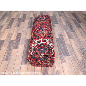 7'10"x10'8" Alabama Crimson Red and Daisy White Corners, Evenly Worn, Natural Wool, Hand Knotted Persian Semi Antique Good Condition Heriz, Oriental Rug FWR515454