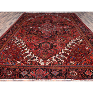 10'1"x12'10" Electric Crimson Red And Vintage Semi Antique Persian Heriz Abrash, Hand Knotted, Good Condition, Areas Of Evenly Worn Wool, Sides And Ends Professionally Secured, Cleaned, Oriental Rug FWR515490