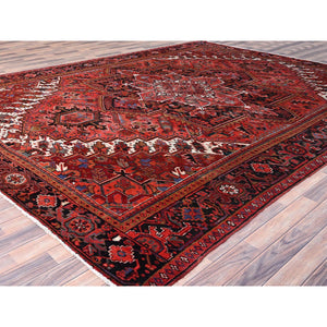 10'1"x12'10" Electric Crimson Red And Vintage Semi Antique Persian Heriz Abrash, Hand Knotted, Good Condition, Areas Of Evenly Worn Wool, Sides And Ends Professionally Secured, Cleaned, Oriental Rug FWR515490