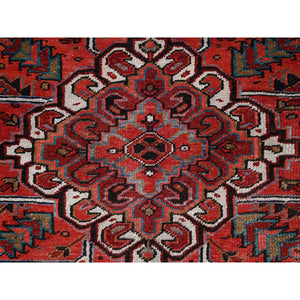 10'1"x12'10" Electric Crimson Red And Vintage Semi Antique Persian Heriz Abrash, Hand Knotted, Good Condition, Areas Of Evenly Worn Wool, Sides And Ends Professionally Secured, Cleaned, Oriental Rug FWR515490