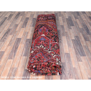 10'1"x12'10" Electric Crimson Red And Vintage Semi Antique Persian Heriz Abrash, Hand Knotted, Good Condition, Areas Of Evenly Worn Wool, Sides And Ends Professionally Secured, Cleaned, Oriental Rug FWR515490