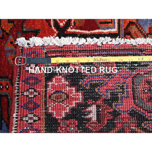 10'1"x12'10" Electric Crimson Red And Vintage Semi Antique Persian Heriz Abrash, Hand Knotted, Good Condition, Areas Of Evenly Worn Wool, Sides And Ends Professionally Secured, Cleaned, Oriental Rug FWR515490