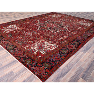 9'10"x12'5" Turkey Red, Hand Knotted Evenly Worn Wool, Vintage Persian Heriz, Good Condition, Abrash, Sides And Ends Professionally Secured, Cleaned, Shaved Down Rustic Look, Oriental Rug FWR515520