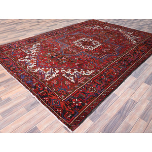 8'x11' Upsdell Red, Hand Knotted Abrash Semi Antique Persian All Over Heriz Design, Good condition, Sides and Ends Professionally Secured, Cleaned, Oriental Pure Wool Rug FWR515526